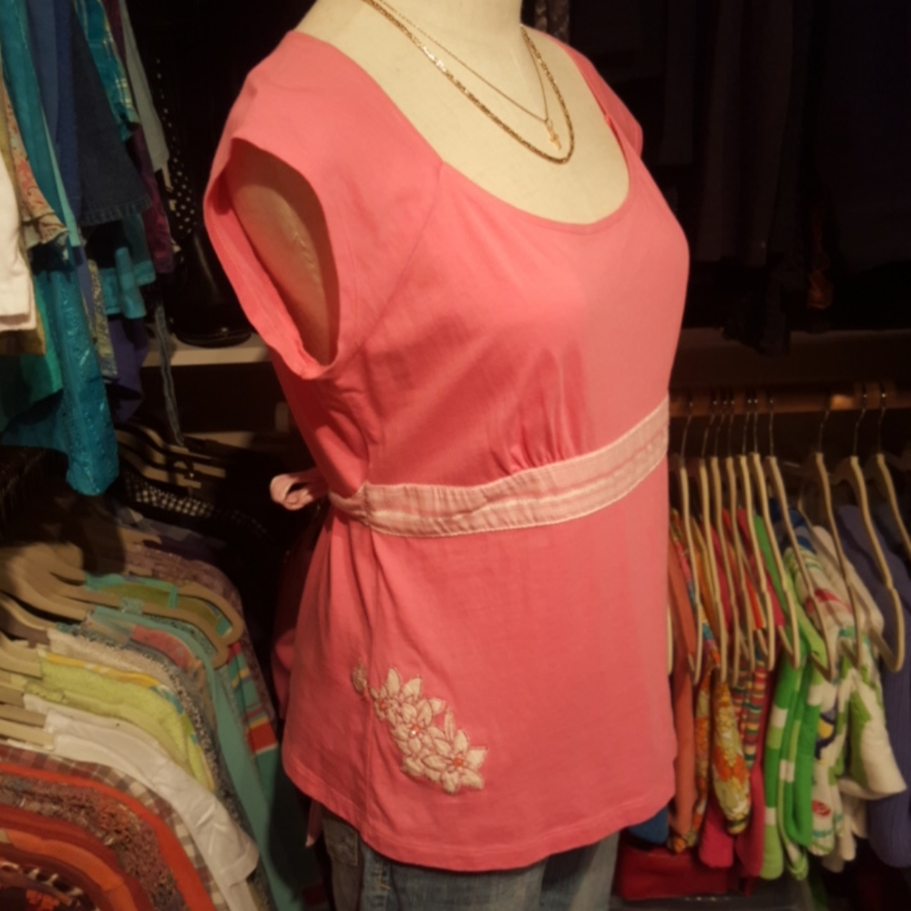 OLD NAVY ♡ Perfect Fit Pink 'n Cream Embroidered Floral  Babydoll Tie Back Top L